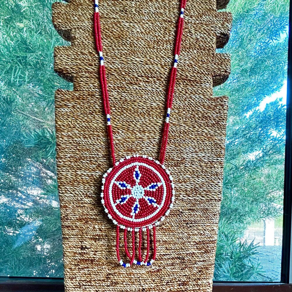 Vintage Beaded Medallion Necklace Red White Blue Southwestern Style